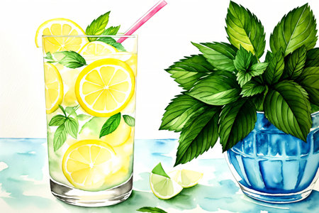 Glass of lemonade with mint and ice on a watercolor backgroundの素材