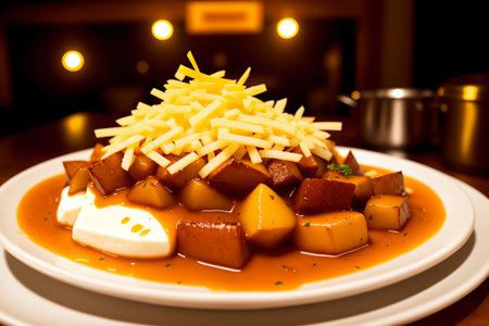 Fried potatoes with sauce and cheese on a white plate in a restaurantの素材