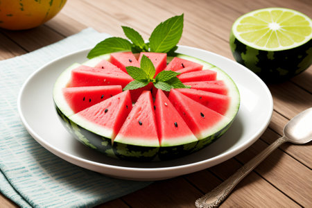 Slices of watermelon with mint and lime on wooden tableの素材