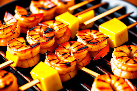grilled tiger prawns on skewers on a barbecue grillの素材