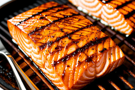 Grilled salmon fillet on the grill, close-up.の素材