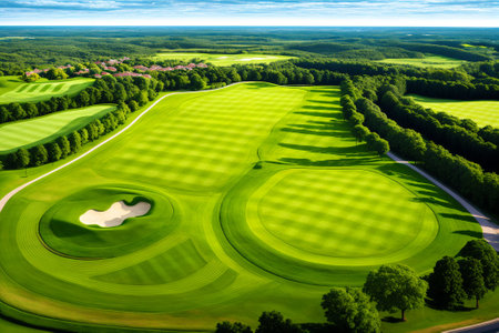 Aerial view of beautiful golf course with green grass and trees.の素材