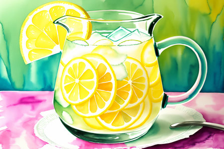 Lemonade with lemon and ice in a glass jug on a colorful backgroundの素材