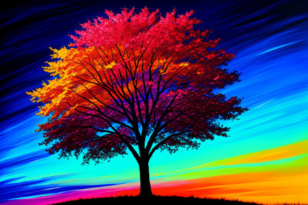 Autumn tree with colorful leaves at sunset. 3D illustration.の素材