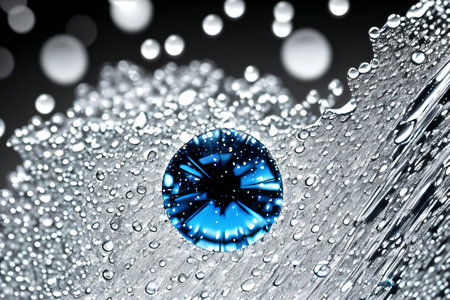 Water drops with blue crystal ball on black background. 3D renderingの素材