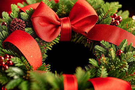 Christmas wreath with red bow on black background. Copy space.の素材