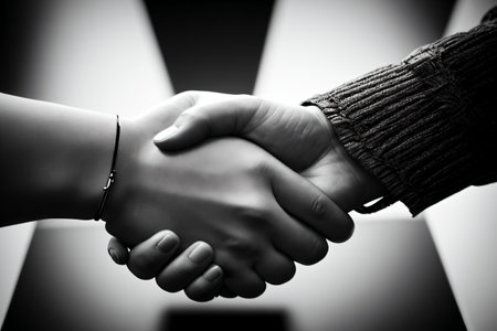 Closeup image of two business people shaking hands in black and whiteの素材