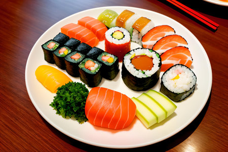 Sushi set on a white plate, japanese food styleの素材
