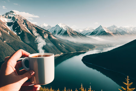 Coffee cup on the background of mountains and the lake.の素材