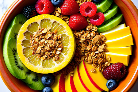 Healthy breakfast with muesli, fruits and berries in bowl.の素材