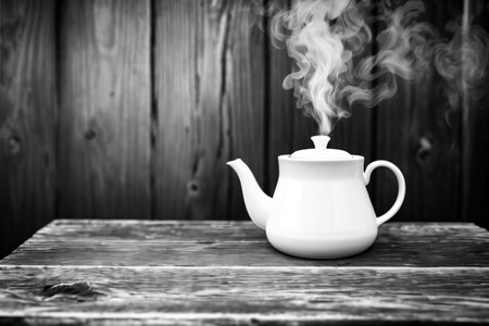 White teapot on wooden background. Black and white photo.の素材