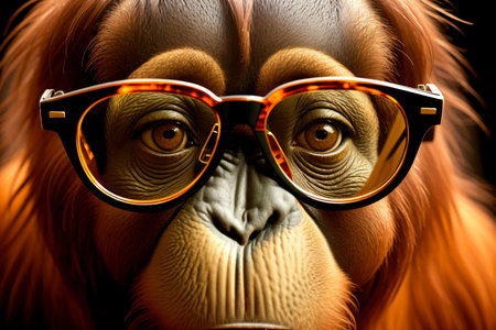 Orangutan with glasses on a black background. 3d illustration.の素材