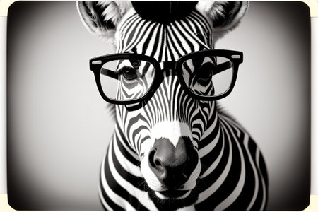 Black and white portrait of a zebra wearing eyeglasses.の素材