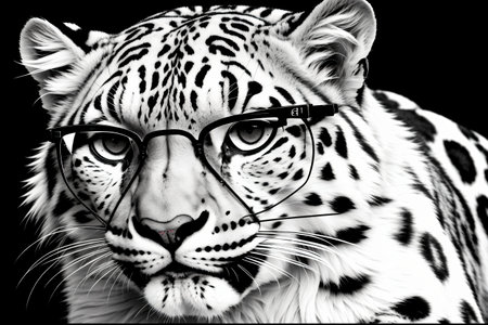 Portrait of a leopard with glasses on a black background.の素材