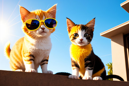 Two kittens in sunglasses on the roof of the house against the blue skyの素材