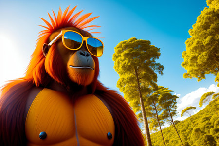 An orangutan wearing sunglasses on a sunny day in the jungle.の素材