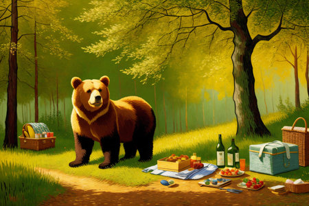 Illustration of a bear on a picnic in the forest with foodの素材