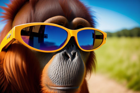Portrait of an orangutan with sunglasses and blue sky.の素材