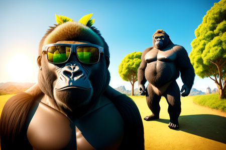 Gorilla and gorilla on the road. 3D illustration.の素材