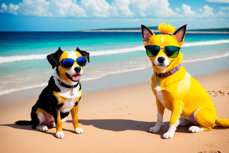 Two dogs with sunglasses on the beach. Concept of friendship between dogs.の素材