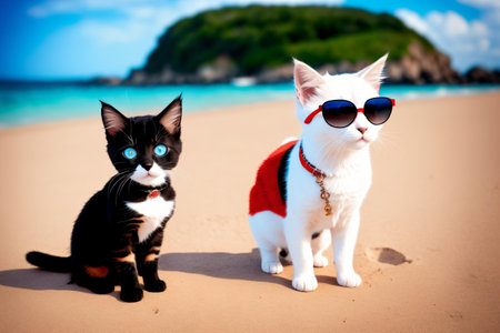 Two black and white cat wearing sunglasses on the beach at Seychellesの素材