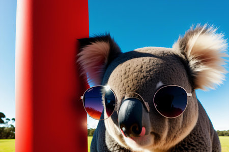 Closeup of a koala wearing sunglasses and holding a red poleの素材
