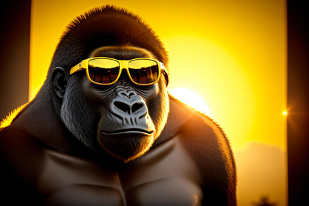 Gorilla with sunglasses on the background of the sun. 3d renderingの素材