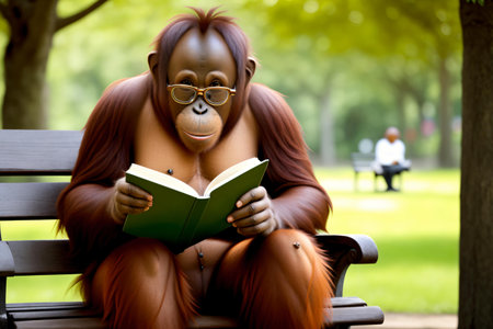 Orangutan sitting on a bench and reading a book in the parkの素材