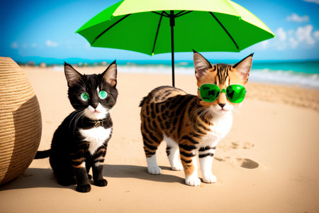 Two cats on the beach with umbrella and sunglasses. summer vacation conceptの素材