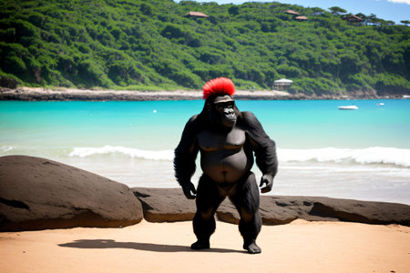 Strong gorilla on the beach in the tropics. conceptual imageの素材