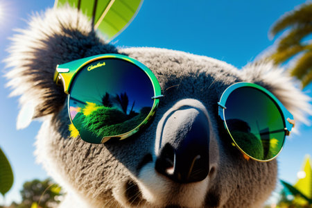 Koala in sunglasses on the background of palm trees and blue skyの素材
