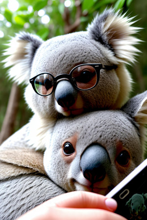 Cute koalas in glasses taking a selfie with smartphone.の素材