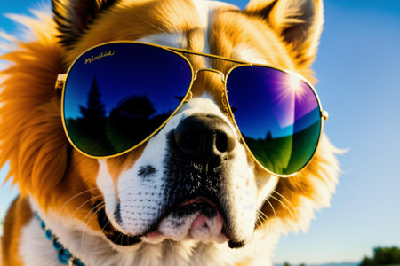 Portrait of a dog with sunglasses on the background of blue skyの素材