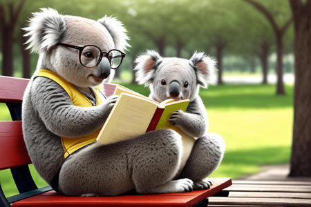 Cute koala reading a book on a bench in the parkの素材