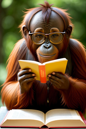 Orangutan reading a book in the park. The Orangutan is a species of Old World monkey.の素材