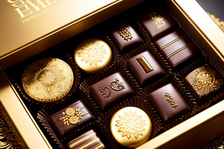 Box of assorted chocolates in gold. 3D illustration.の素材