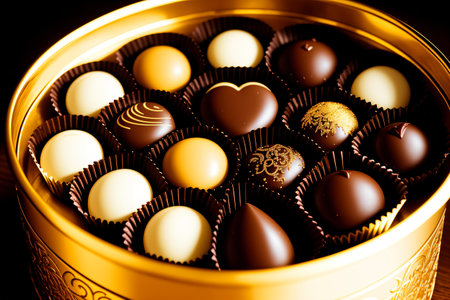 Chocolate candies in a golden box on a dark background.の素材