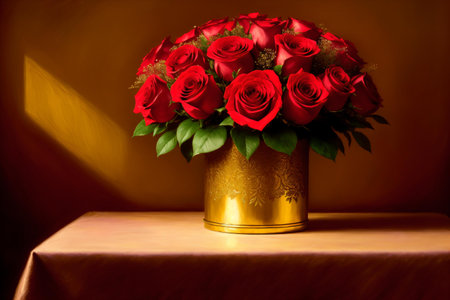 Bouquet of red roses in a golden vase on the tableの素材