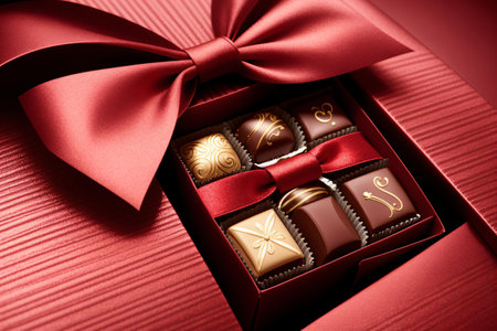 Box of assorted chocolates with red bow on red background.の素材
