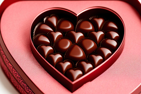 Heart-shaped box of chocolates on a white background.の素材