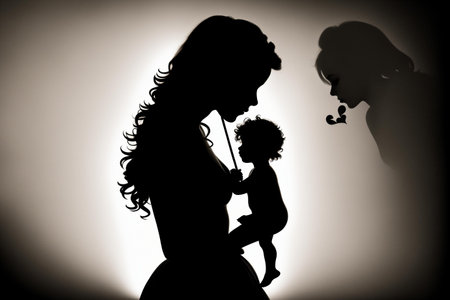 Silhouette of a mother with a child on a white backgroundの素材