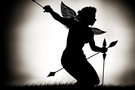 Silhouette of an angel with a bow and arrow on a dark backgroundの素材