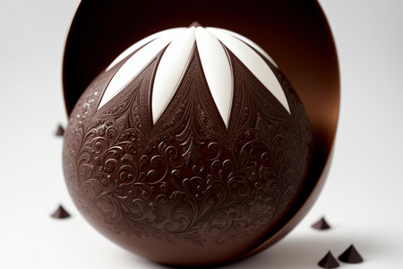 3d render of a chocolate easter egg with a white patternの素材