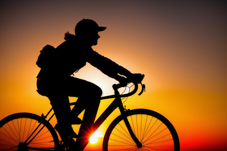 Silhouette of a cyclist on the background of the setting sunの素材