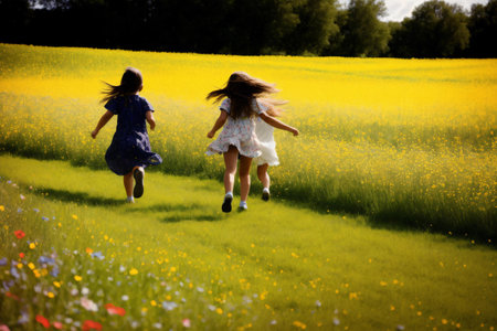 Two little girls running in a field of blooming yellow flowers.の素材