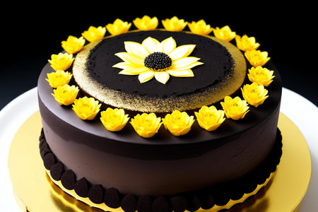 Chocolate cake with yellow flowers on top isolated on black background.の素材