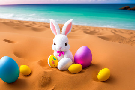 Easter bunny with colorful eggs on the sandy beach by the seaの素材