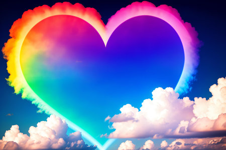 Rainbow heart on blue sky background. Valentine's day concept.の素材