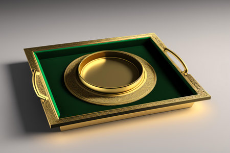 golden tray on the white background. 3d render illustration.の素材