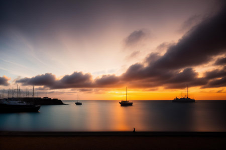 Beautiful sunset over the sea with yachts in the foregroundの素材